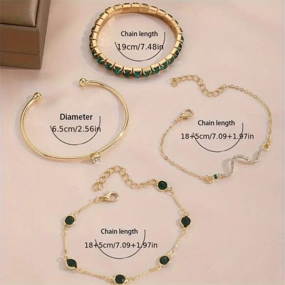 4pcs/Set Elegant Green Rhinestone Bracelet for Woman - Picture 2 of 2